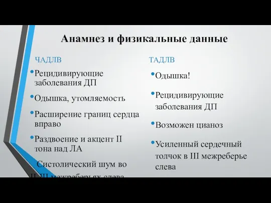 Анамнез и физикальные данные ЧАДЛВ Рецидивирующие заболевания ДП Одышка, утомляемость