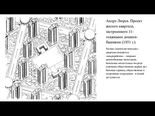 Андрэ Люрса. Проект жилого квартала, застроенного 11-этажными домами-башнями (1931 г.).