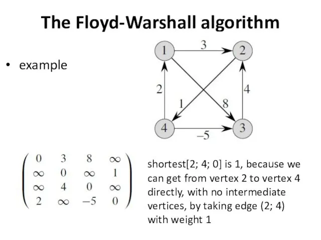 The Floyd-Warshall algorithm example shortest[2; 4; 0] is 1, because