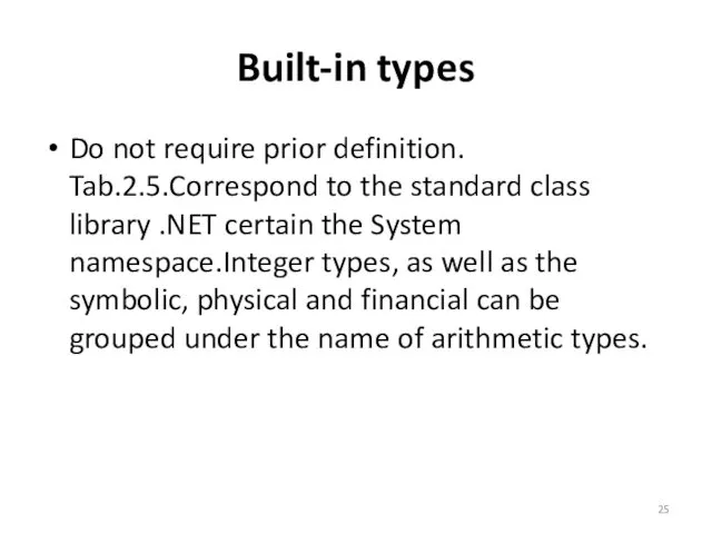 Built-in types Do not require prior definition. Tab.2.5.Correspond to the