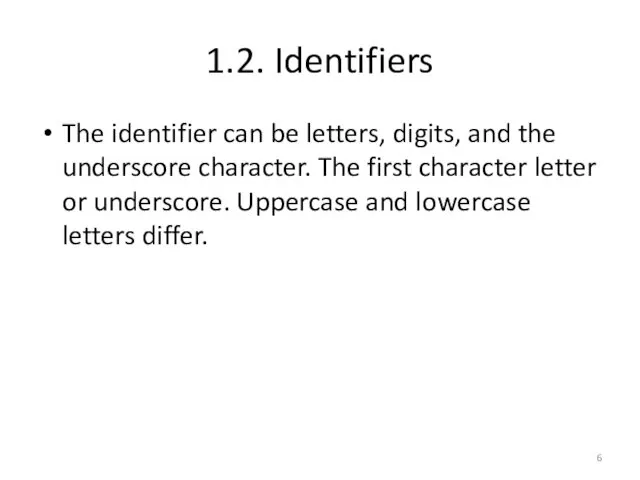 1.2. Identifiers The identifier can be letters, digits, and the