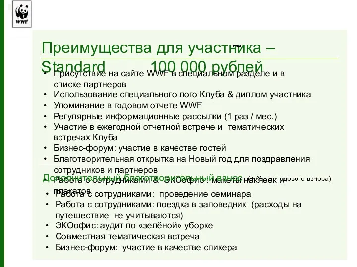 Преимущества для участника – Standard 100 000 рублей ~ Присутствие