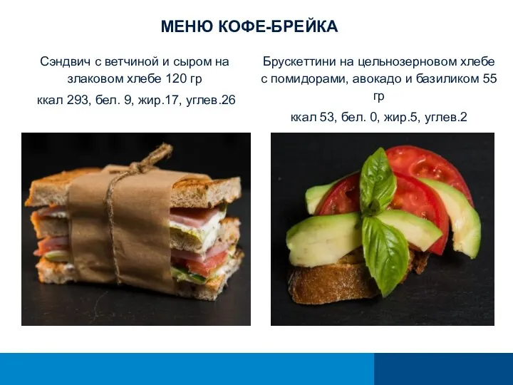 МЕНЮ КОФЕ-БРЕЙКА Сэндвич с ветчиной и сыром на злаковом хлебе