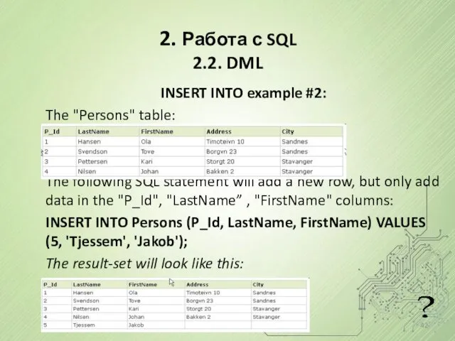 2. Работа с SQL 2.2. DML INSERT INTO example #2: The "Persons" table: