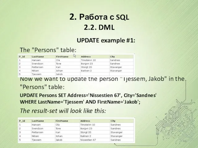 2. Работа с SQL 2.2. DML UPDATE example #1: The "Persons" table: Now