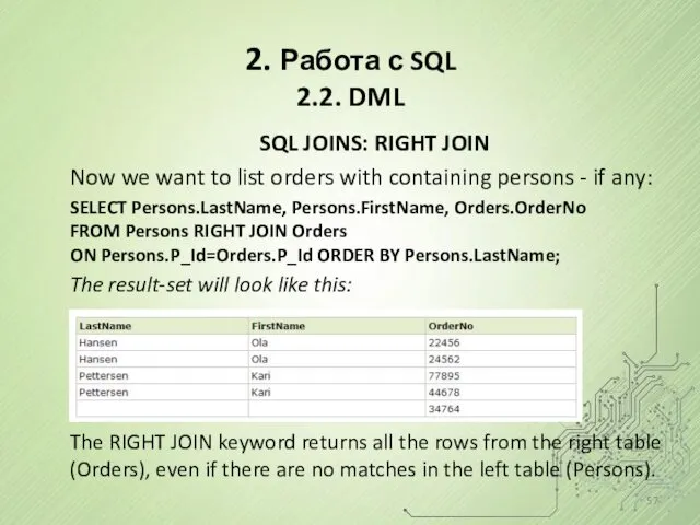 2. Работа с SQL 2.2. DML SQL JOINS: RIGHT JOIN Now we want