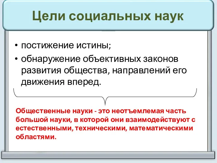 Цели социальных наук постижение истины; обнаружение объективных законов развития общества,