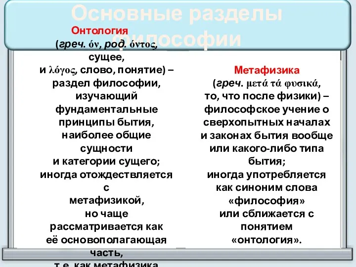 Основные разделы философии Онтология (греч. όν, род. όντος, сущее, и