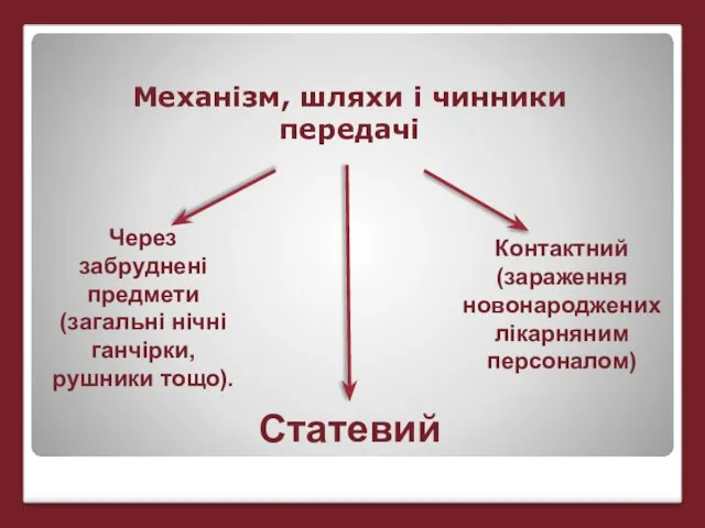 Статевий Через забруднені предмети (загальні нічні ганчірки, рушники тощо). Контактний