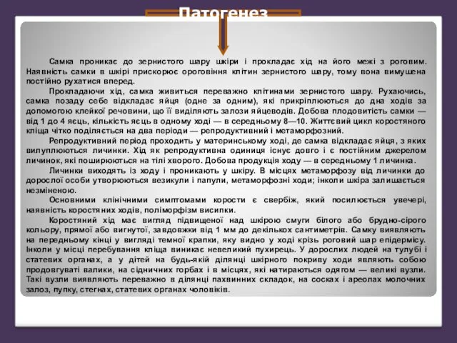 Патогенез Самка проникає до зернистого шару шкіри і прокладає хід