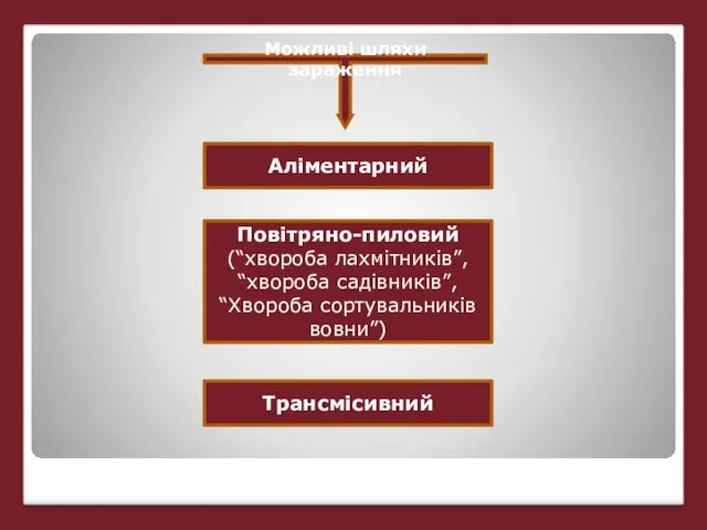 Можливі шляхи зараження Аліментарний Повітряно-пиловий (“хвороба лахмітників”, “хвороба садівників”, “Хвороба сортувальників вовни”) Трансмісивний