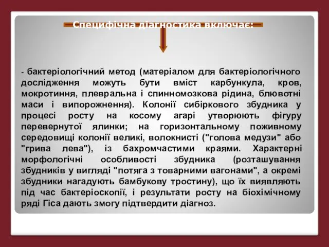 Специфічна діагностика включає: - бактеріологічний метод (матеріалом для бактеріологічного дослідження