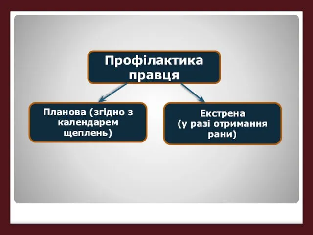 Профілактика правця Планова (згідно з календарем щеплень) Екстрена (у разі отримання рани)