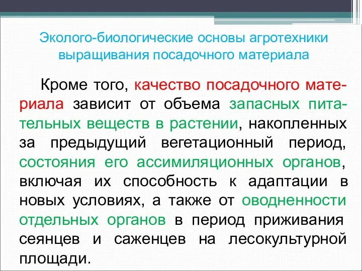 Эколого-биологические основы агротехники выращивания посадочного материала Кроме того, качество посадочного