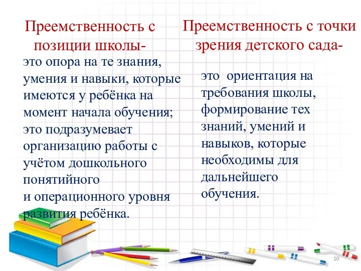 Преемственность с точки зрения детского сада- Преемственность с позиции школы- это опора на