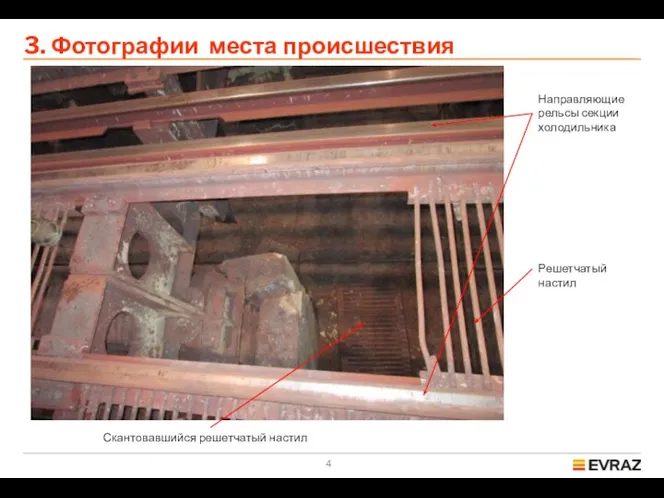 3. Фотографии места происшествия Направляющие рельсы секции холодильника Решетчатый настил Скантовавшийся решетчатый настил