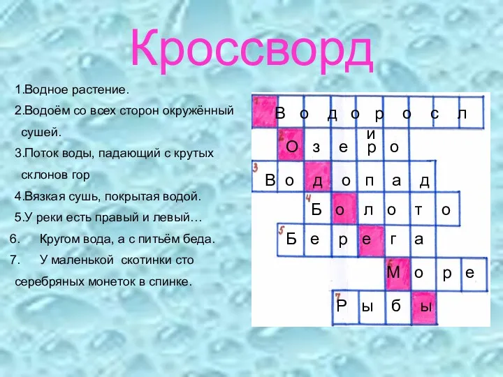 Кроссворд 1.Водное растение. 2.Водоём со всех сторон окружённый сушей. 3.Поток