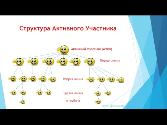 Структура Активного Участника Первая линия Вторая линия Третья линия и глубина www.vksova.com Активный Участник (АЧПК)