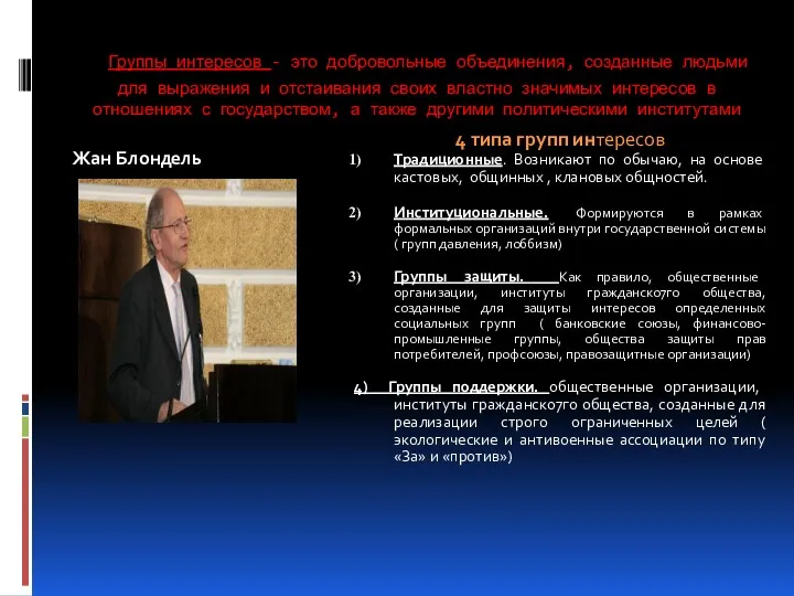 Группы интересов - это добровольные объединения, созданные людьми для выражения и отстаивания своих