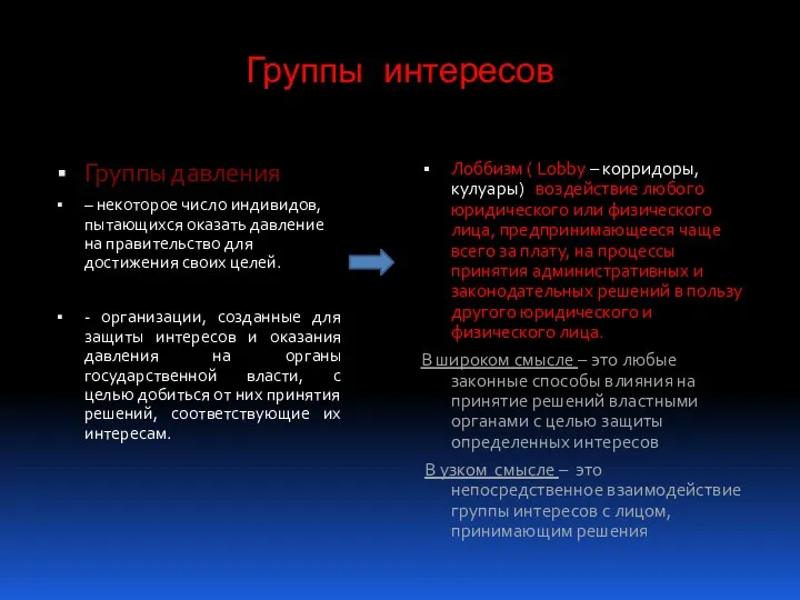 Группы интересов Группы давления – некоторое число индивидов, пытающихся оказать