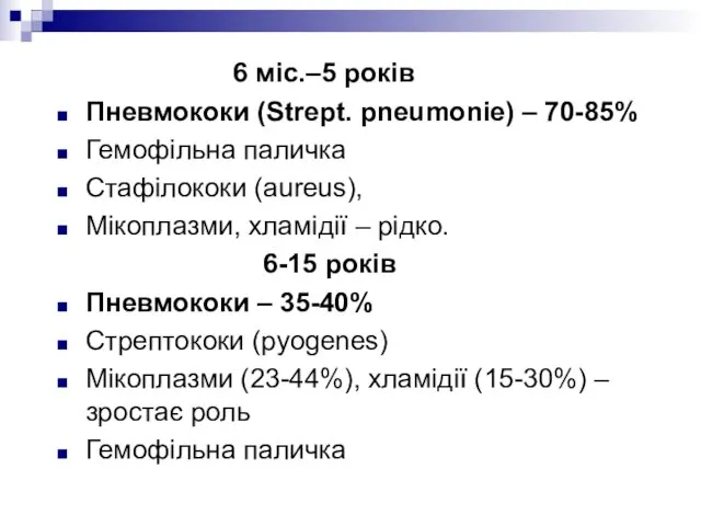 6 міс.–5 років Пневмококи (Strept. рneumonie) – 70-85% Гемофільна паличка