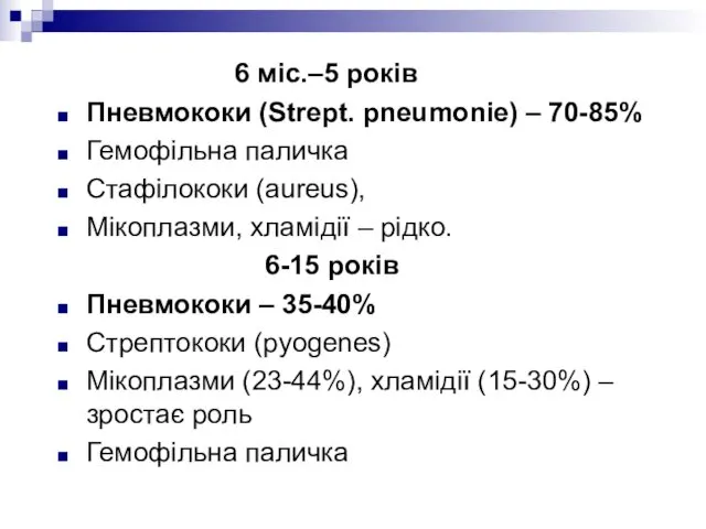 6 міс.–5 років Пневмококи (Strept. рneumonie) – 70-85% Гемофільна паличка Стафілококи (aureus), Мікоплазми,