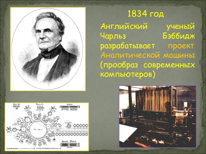1834 год Английский ученый Чарльз Бэббидж разрабатывает проект Аналитической машины (прообраз современных компьютеров)