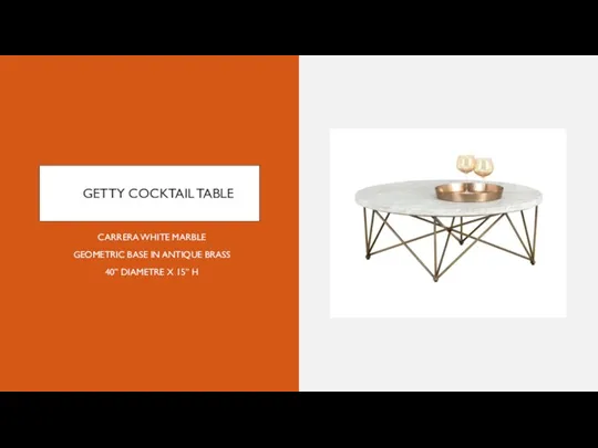 GETTY COCKTAIL TABLE CARRERA WHITE MARBLE GEOMETRIC BASE IN ANTIQUE BRASS 40” DIAMETRE X 15” H