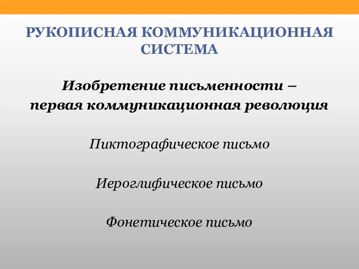 РУКОПИСНАЯ КОММУНИКАЦИОННАЯ СИСТЕМА Изобретение письменности – первая коммуникационная революция Пиктографическое письмо Иероглифическое письмо Фонетическое письмо