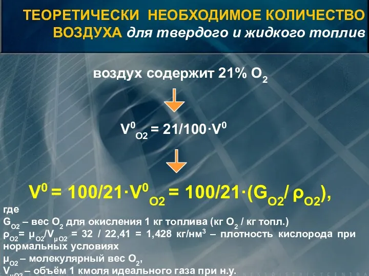 V0 = 100/21·V0O2 = 100/21·(GO2/ ρO2), где GO2 – вес