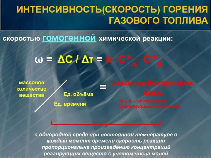 скоростью гомогенной химической реакции: ω = ΔС / Δτ =