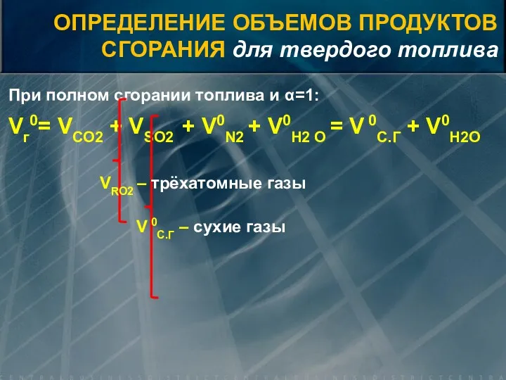 При полном сгорании топлива и α=1: Vг0= VCO2 + VSO2