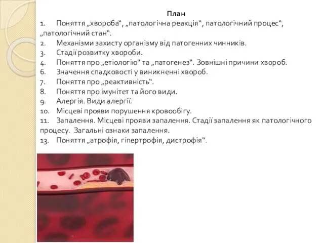 План 1. Поняття „хвороба“, „патологічна реакція“, патологічний процес“, „патологічний стан“.