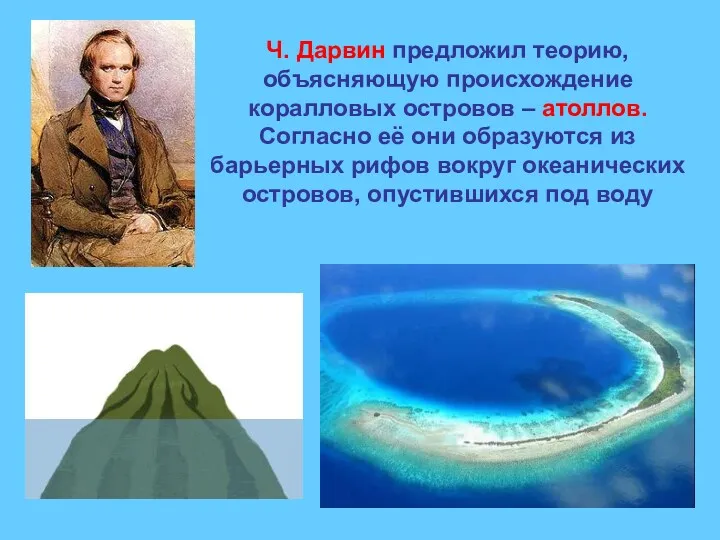 Ч. Дарвин предложил теорию, объясняющую происхождение коралловых островов – атоллов. Согласно её они