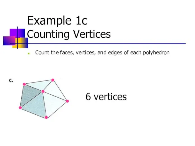 Example 1c Counting Vertices Count the faces, vertices, and edges of each polyhedron 6 vertices