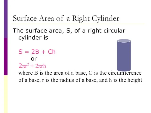 Surface Area of a Right Cylinder The surface area, S,