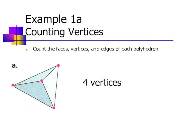 Example 1a Counting Vertices Count the faces, vertices, and edges of each polyhedron 4 vertices