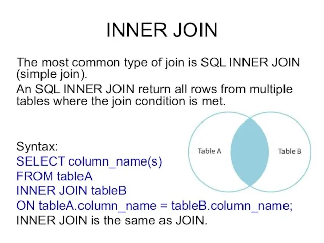 INNER JOIN The most common type of join is SQL