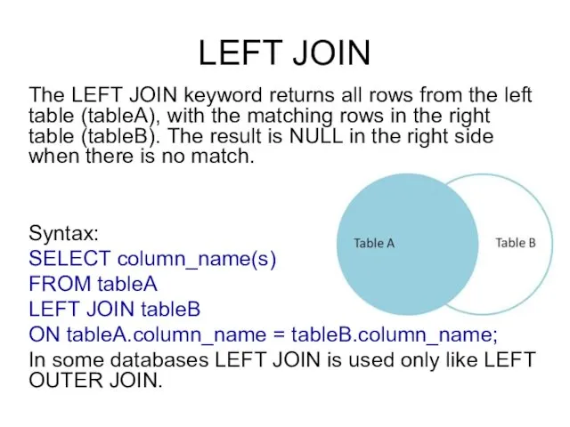 LEFT JOIN The LEFT JOIN keyword returns all rows from