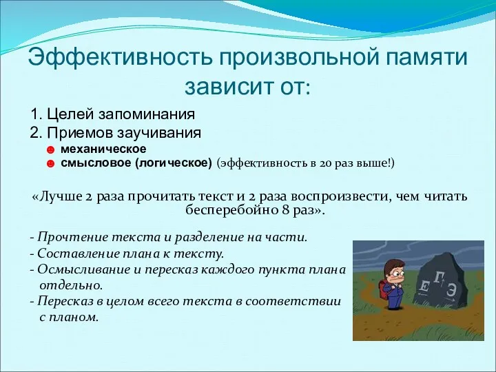 Эффективность произвольной памяти зависит от: 1. Целей запоминания 2. Приемов