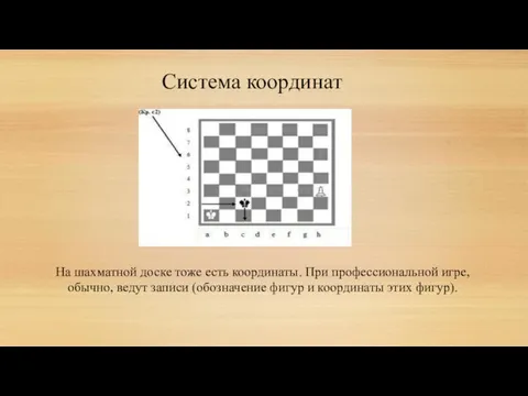 На шахматной доске тоже есть координаты. При профессиональной игре, обычно, ведут записи (обозначение