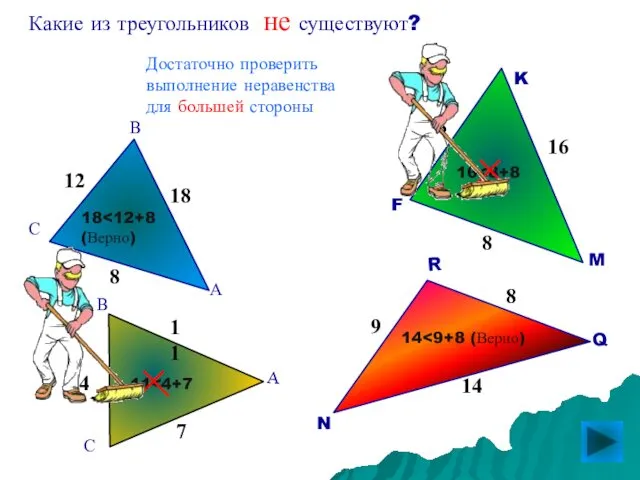 Какие из треугольников не существуют? Q R N 8 9 14 18 (Верно)