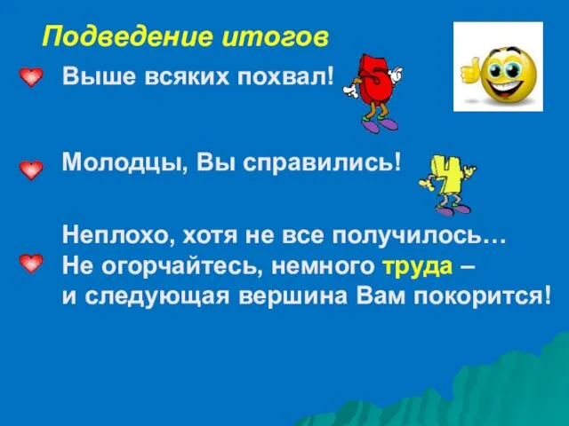 Подведение итогов Выше всяких похвал! Молодцы, Вы справились! Неплохо, хотя не все получилось…