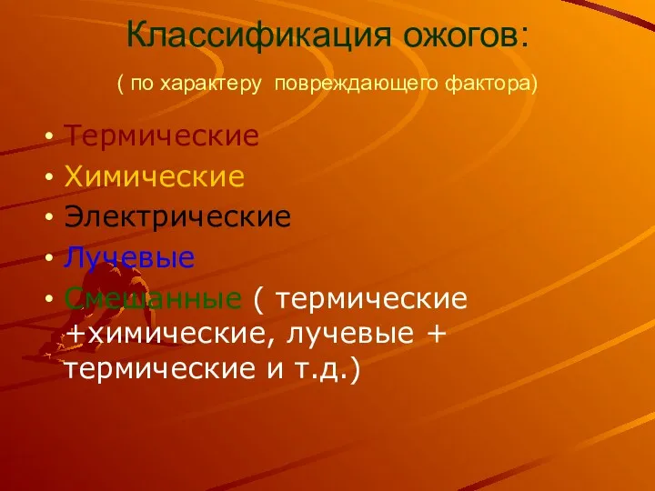 Классификация ожогов: ( по характеру повреждающего фактора) Термические Химические Электрические Лучевые Смешанные (