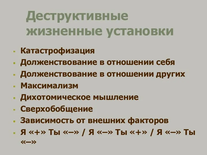 Деструктивные жизненные установки Катастрофизация Долженствование в отношении себя Долженствование в