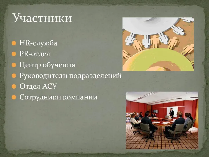 HR-служба PR-отдел Центр обучения Руководители подразделений Отдел АСУ Сотрудники компании Участники