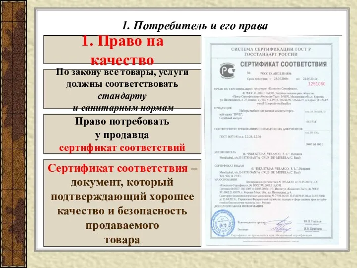 1. Потребитель и его права Сертификат соответствия – документ, который