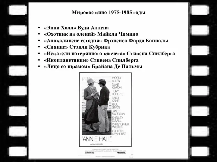 Мировое кино 1975-1985 годы «Энни Холл» Вуди Аллена «Охотник на