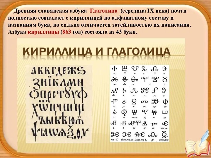 Древняя славянская азбука Глаголица (середина IX века) почти полностью совпадает с кириллицей по