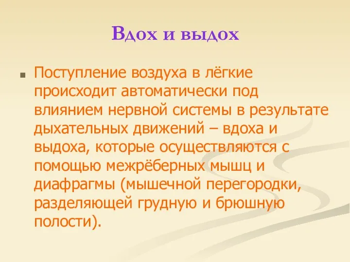 Вдох и выдох Поступление воздуха в лёгкие происходит автоматически под влиянием нервной системы